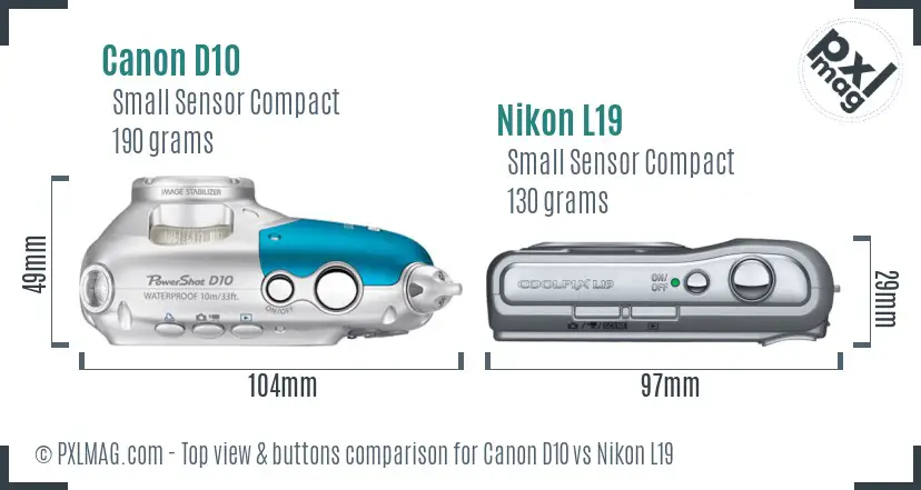 Canon D10 vs Nikon L19 top view buttons comparison