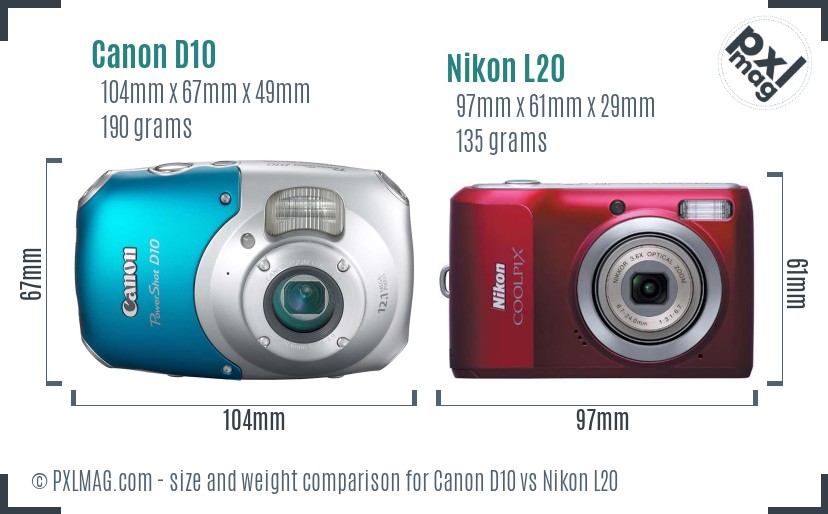 Canon D10 vs Nikon L20 size comparison
