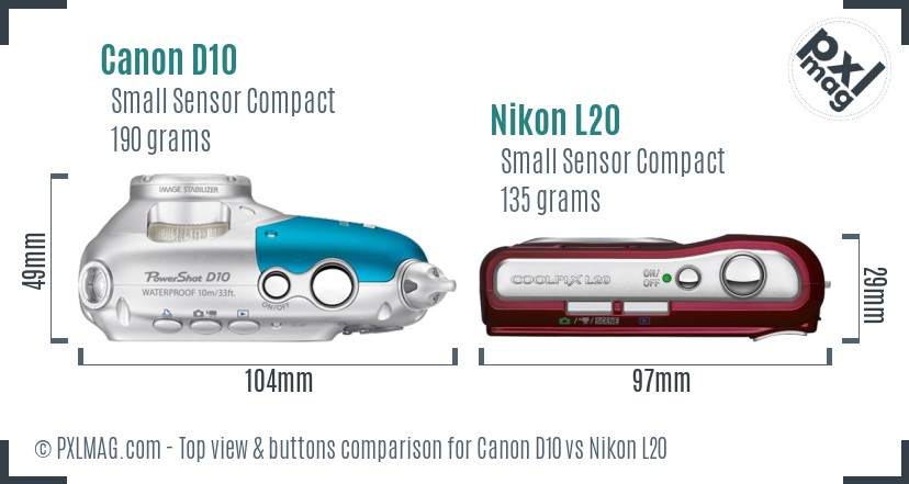 Canon D10 vs Nikon L20 top view buttons comparison