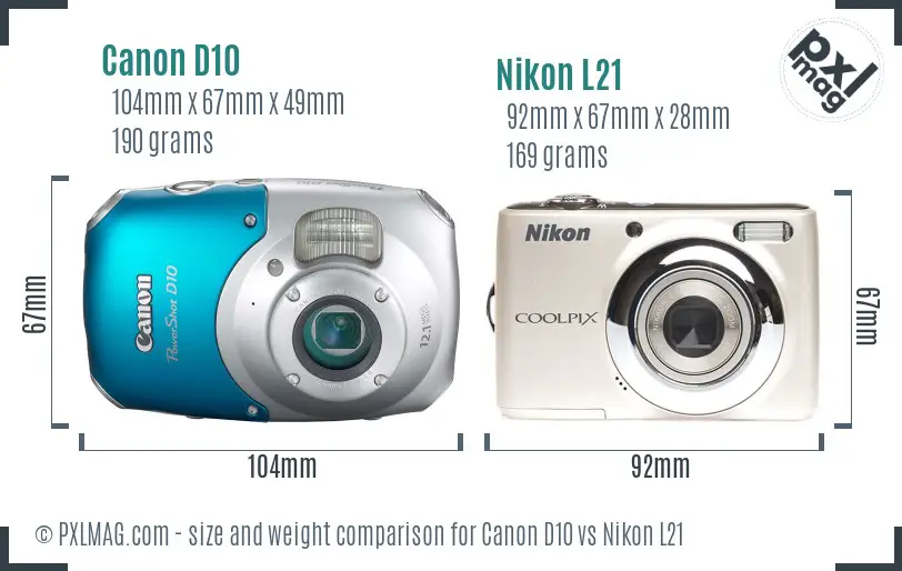 Canon D10 vs Nikon L21 size comparison