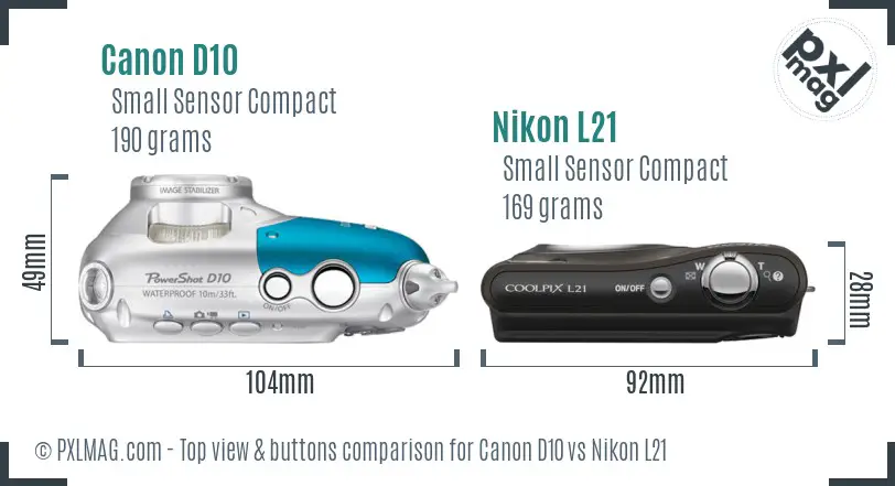Canon D10 vs Nikon L21 top view buttons comparison