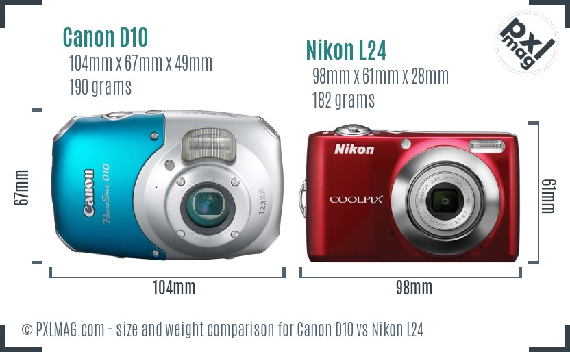 Canon D10 vs Nikon L24 size comparison