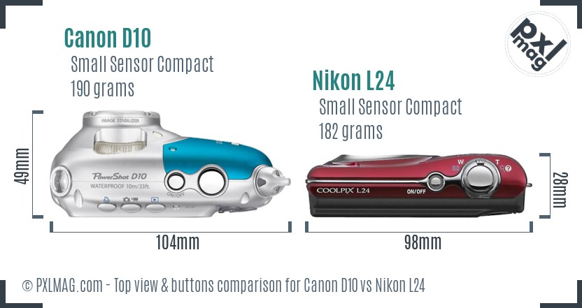 Canon D10 vs Nikon L24 top view buttons comparison