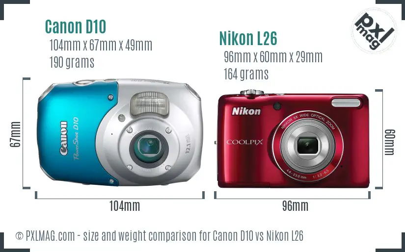 Canon D10 vs Nikon L26 size comparison