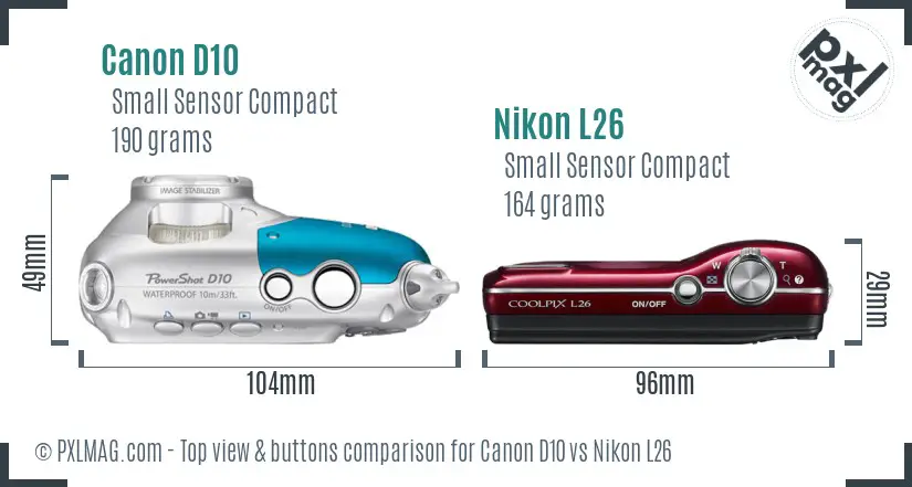 Canon D10 vs Nikon L26 top view buttons comparison