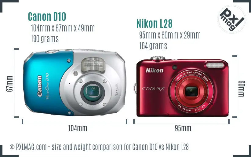 Canon D10 vs Nikon L28 size comparison
