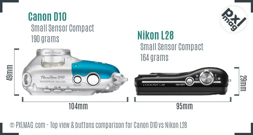 Canon D10 vs Nikon L28 top view buttons comparison