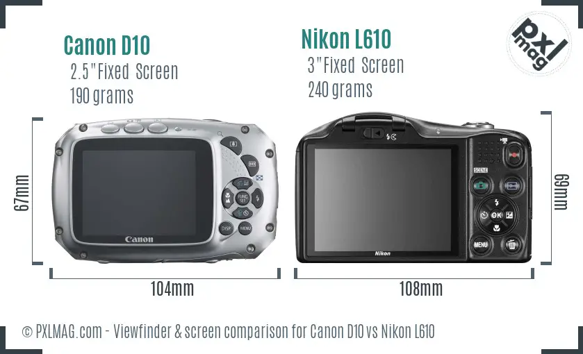 Canon D10 vs Nikon L610 Screen and Viewfinder comparison