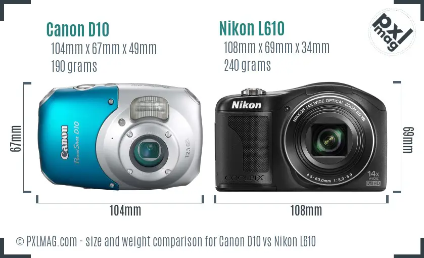 Canon D10 vs Nikon L610 size comparison