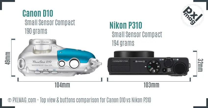 Canon D10 vs Nikon P310 top view buttons comparison Canon D10 vs Nikon P310 top view buttons comparison