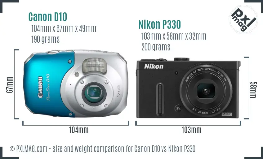 Canon D10 vs Nikon P330 size comparison