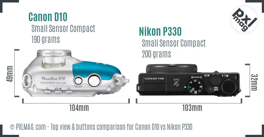 Canon D10 vs Nikon P330 top view buttons comparison