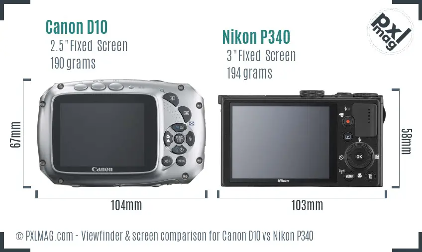 Canon D10 vs Nikon P340 Screen and Viewfinder comparison