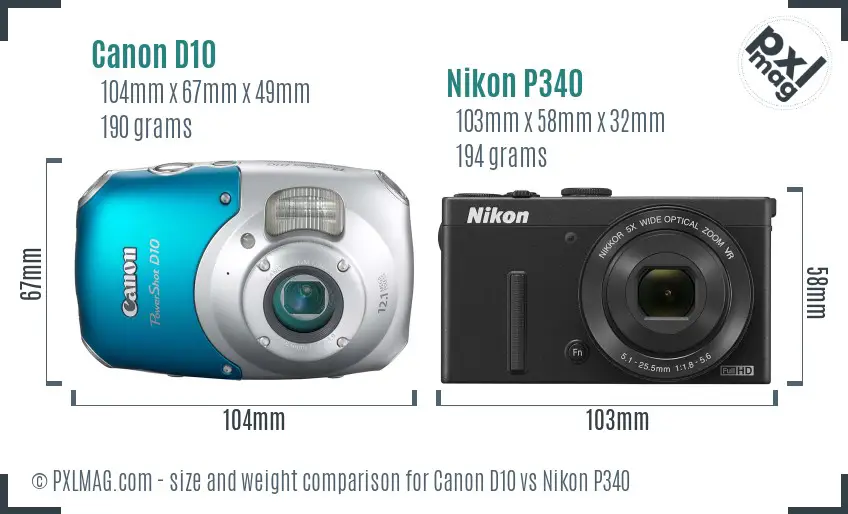 Canon D10 vs Nikon P340 size comparison