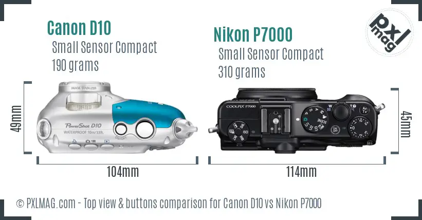 Canon D10 vs Nikon P7000 top view buttons comparison Canon D10 vs Nikon P7000 top view buttons comparison
