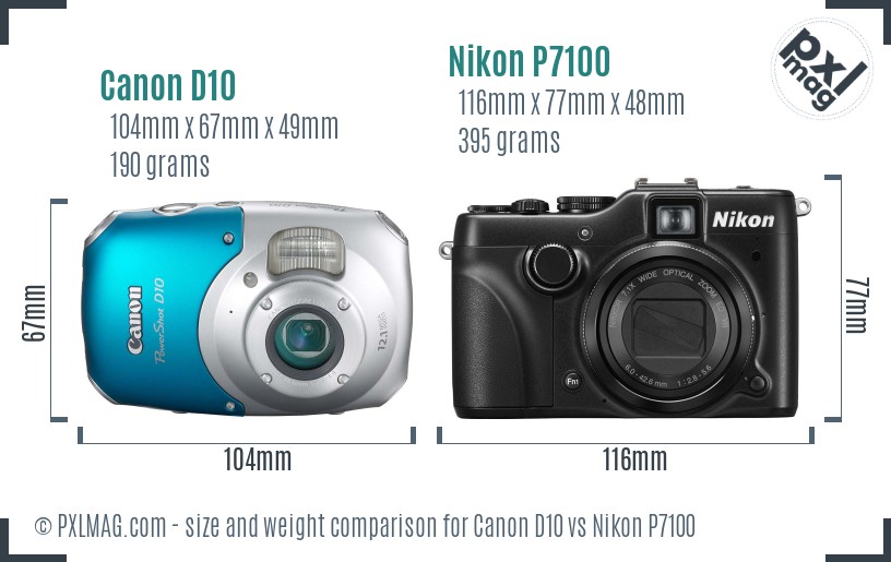 Canon D10 vs Nikon P7100 size comparison
