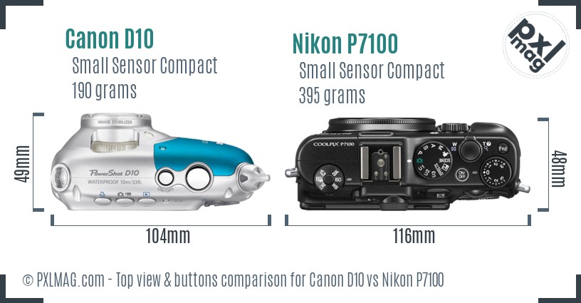 Canon D10 vs Nikon P7100 top view buttons comparison