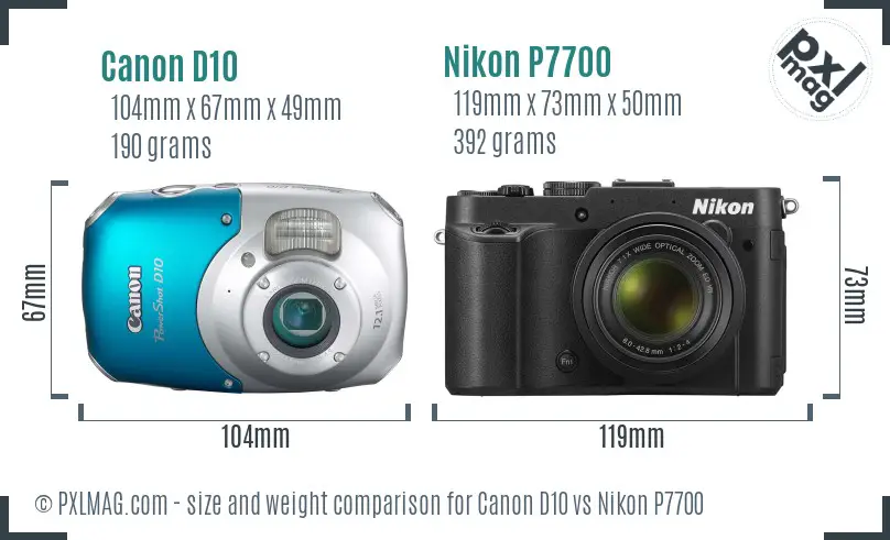 Canon D10 vs Nikon P7700 size comparison