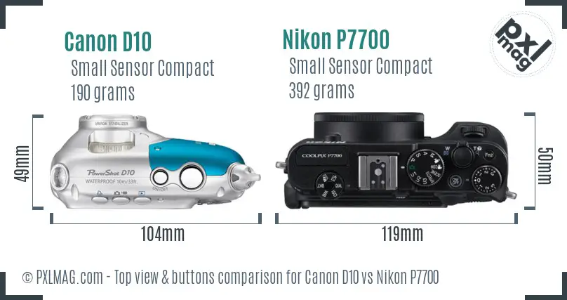 Canon D10 vs Nikon P7700 top view buttons comparison