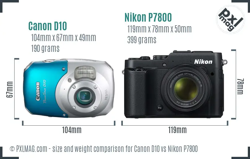 Canon D10 vs Nikon P7800 size comparison
