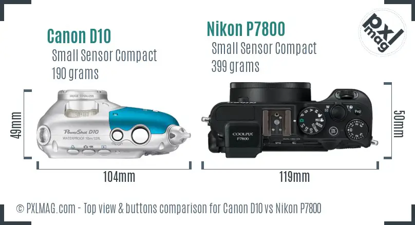 Canon D10 vs Nikon P7800 top view buttons comparison