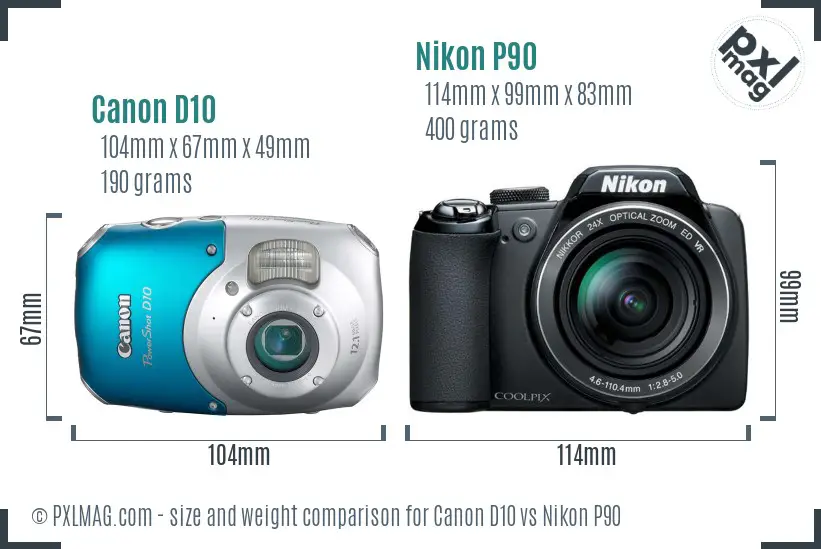 Canon D10 vs Nikon P90 size comparison