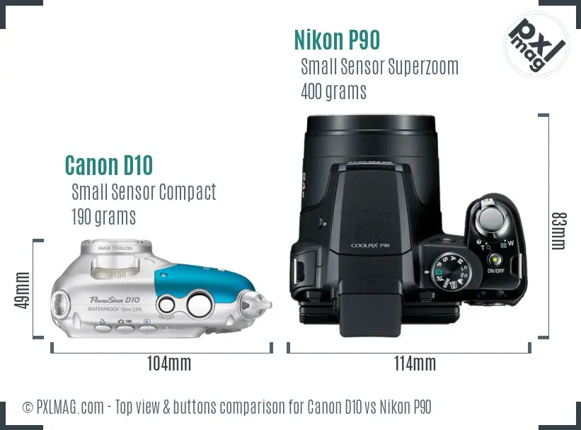 Canon D10 vs Nikon P90 top view buttons comparison