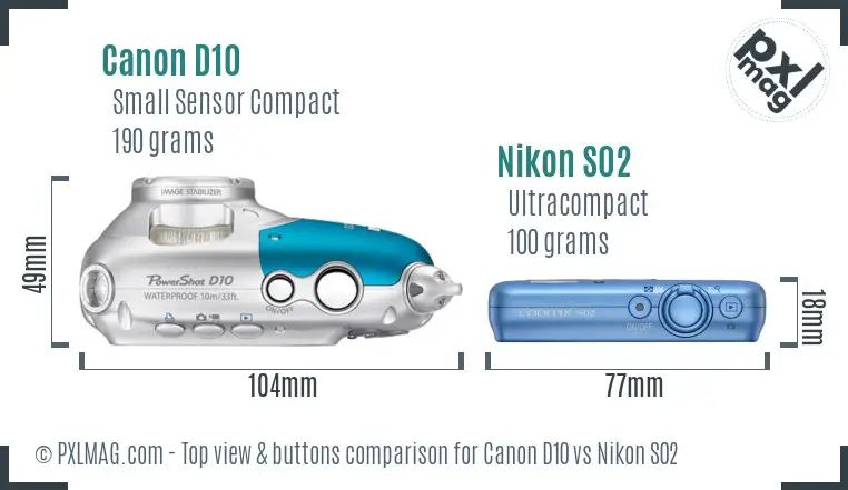 Canon D10 vs Nikon S02 top view buttons comparison