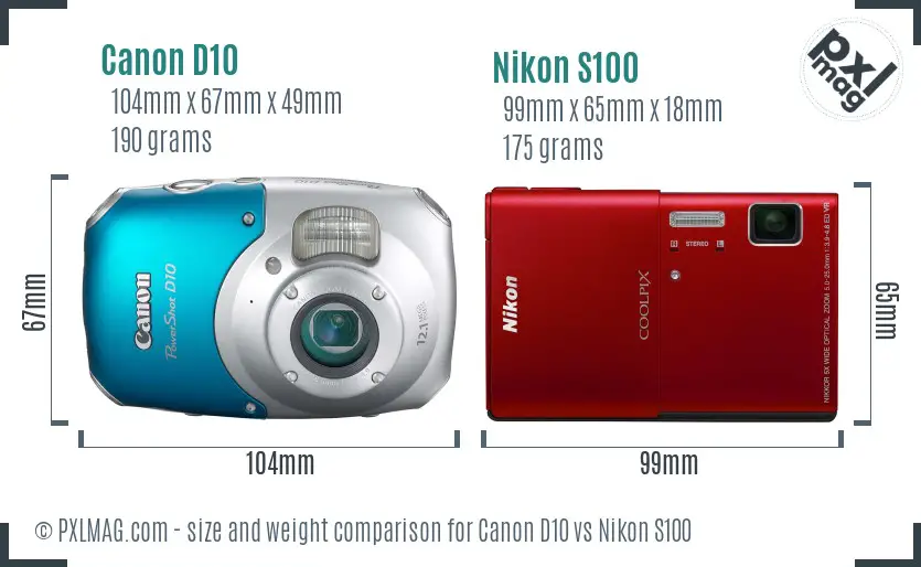 Canon D10 vs Nikon S100 size comparison