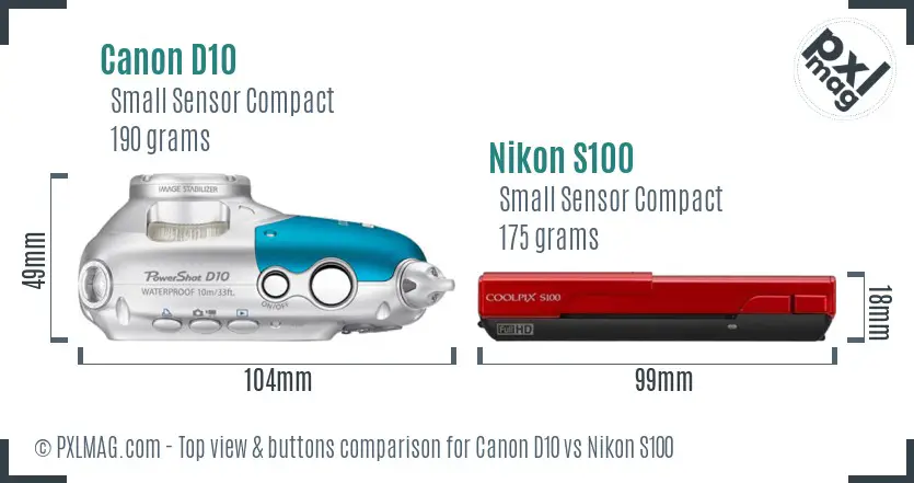 Canon D10 vs Nikon S100 top view buttons comparison