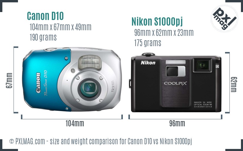 Canon D10 vs Nikon S1000pj size comparison