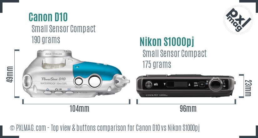 Canon D10 vs Nikon S1000pj top view buttons comparison