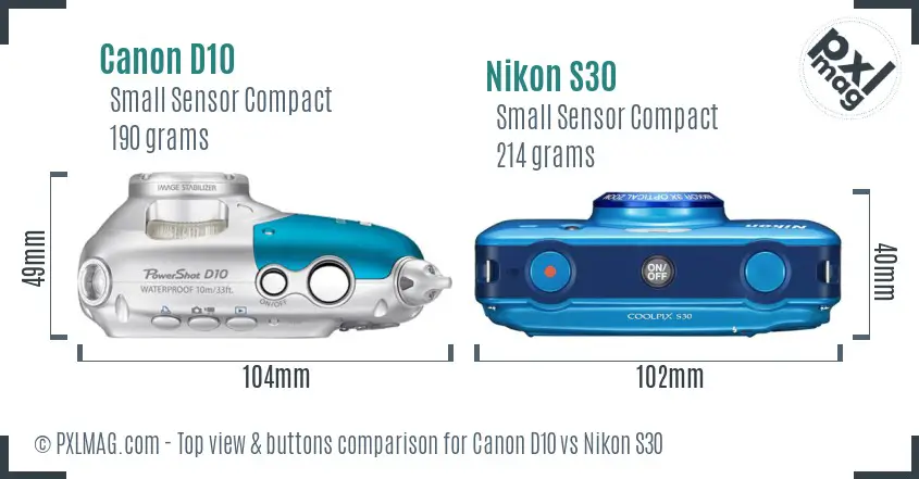 Canon D10 vs Nikon S30 top view buttons comparison Canon D10 vs Nikon S30 top view buttons comparison