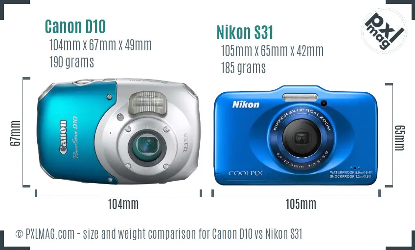 Canon D10 vs Nikon S31 size comparison