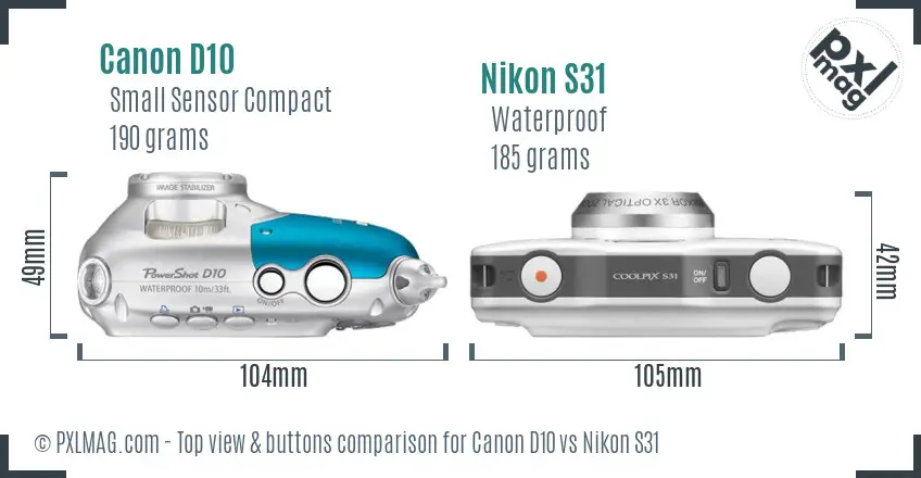 Canon D10 vs Nikon S31 top view buttons comparison