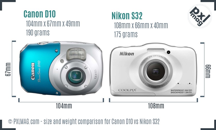 Canon D10 vs Nikon S32 size comparison
