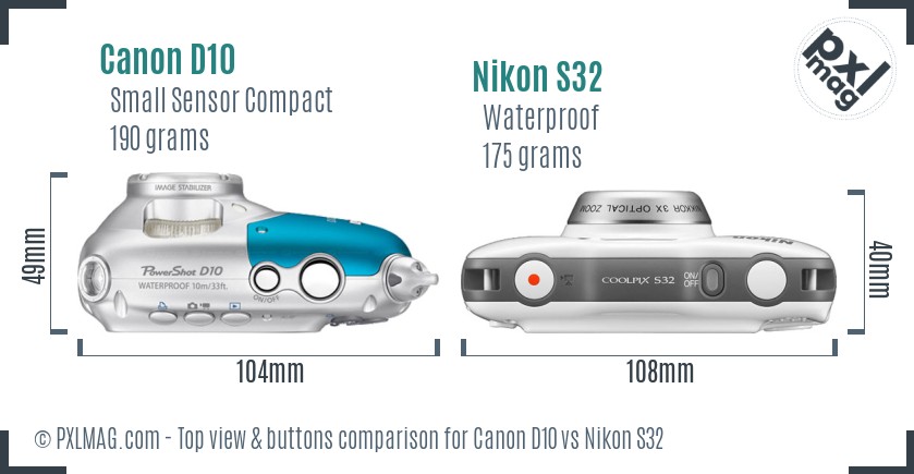 Canon D10 vs Nikon S32 top view buttons comparison