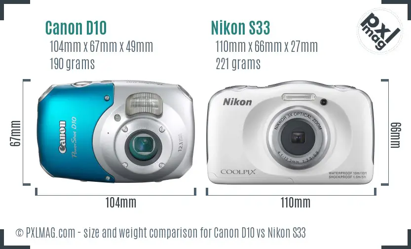 Canon D10 vs Nikon S33 size comparison