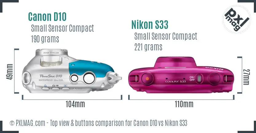 Canon D10 vs Nikon S33 top view buttons comparison