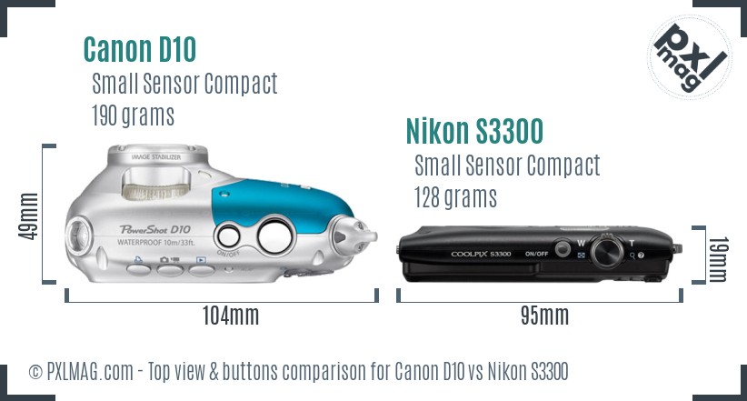 Canon D10 vs Nikon S3300 top view buttons comparison