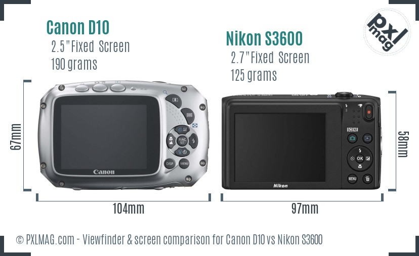 Canon D10 vs Nikon S3600 Screen and Viewfinder comparison
