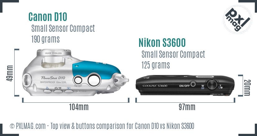 Canon D10 vs Nikon S3600 top view buttons comparison