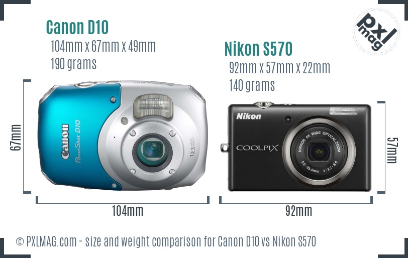 Canon D10 vs Nikon S570 size comparison
