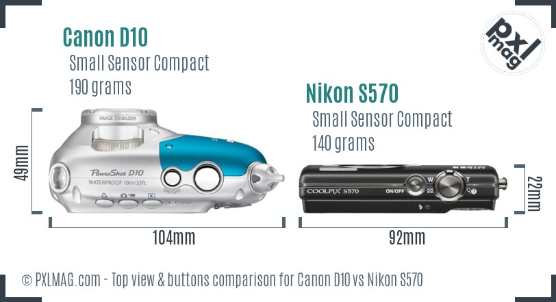 Canon D10 vs Nikon S570 top view buttons comparison