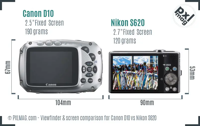 Canon D10 vs Nikon S620 Screen and Viewfinder comparison