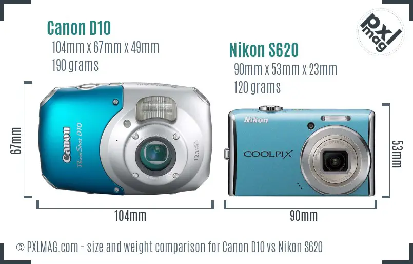 Canon D10 vs Nikon S620 size comparison