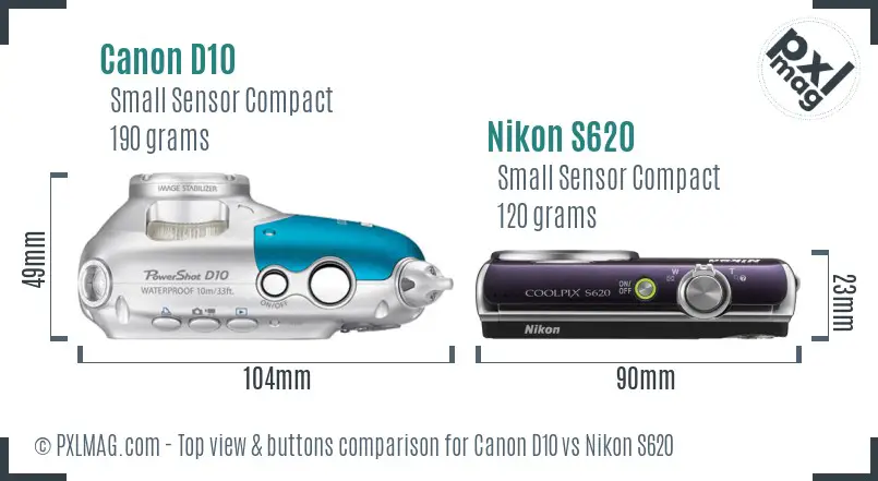 Canon D10 vs Nikon S620 top view buttons comparison