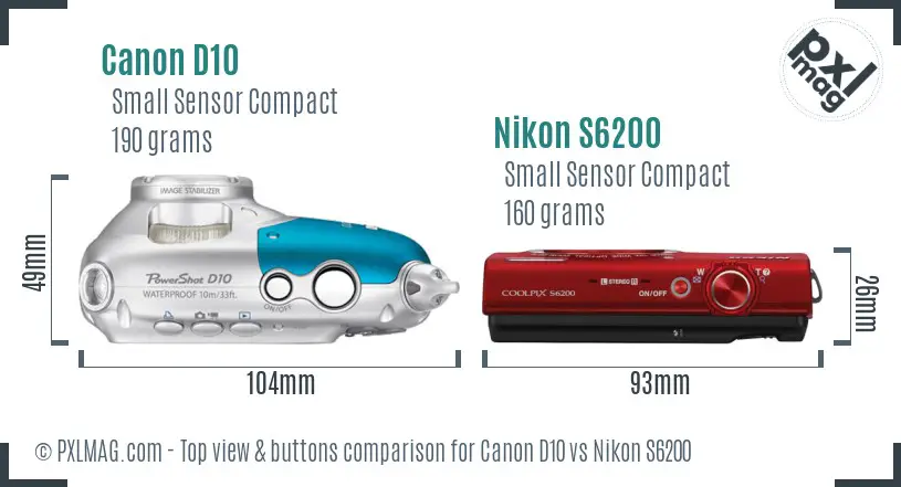 Canon D10 vs Nikon S6200 top view buttons comparison