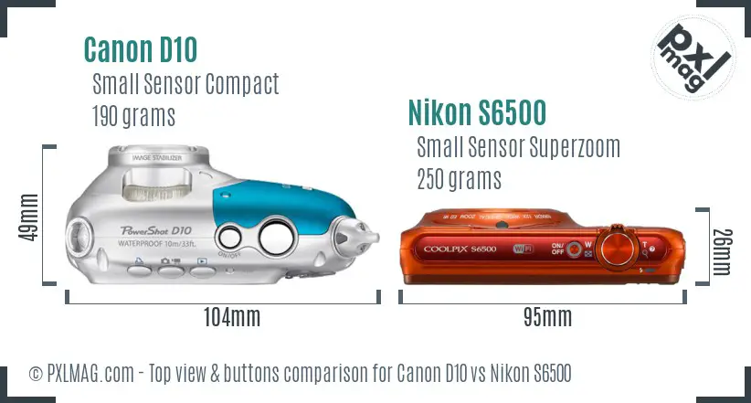 Canon D10 vs Nikon S6500 top view buttons comparison