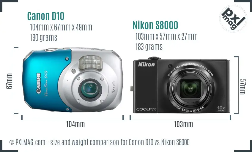 Canon D10 vs Nikon S8000 size comparison
